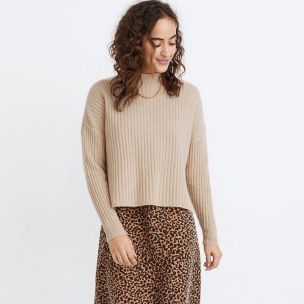 Madewell Cashmere Ribbed Mockneck Pullover Sweater in Oatmeal